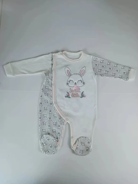 LitaeTrend 0-3 3-6 Ay Minik Tavşan Nakışlı Boydan Çıtçıt Kapamalı Kız Erkek Bebek Tulumu Ekru ürün görseli 1