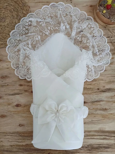 LitaeTrend Yenidoğan Kumru İnci Fiyonk Kristal Parlak Duvaklı Kundak Bebek Battaniyesi Ekru ürün görseli 1