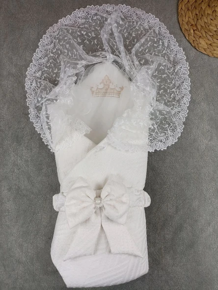 LitaeTrend Yenidoğan Kumru Plazma Taçlı Lüks Kundak Bebek Battaniyesi Ekru ürün görseli 1