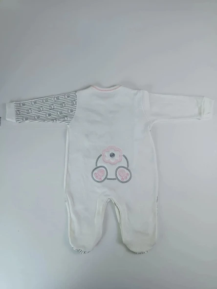 LitaeTrend 0-3 3-6 Ay Minik Tavşan Nakışlı Boydan Çıtçıt Kapamalı Kız Erkek Bebek Tulumu Ekru - Resim 4
