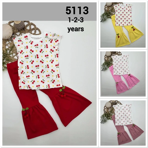 LitaeTrend 1-2-3-4 Yaş Kiraz Baskılı Tişört İspanyol Paçalı Likralı 2li Kız Çocuk Takımı Gül Kurusu - Resim 6