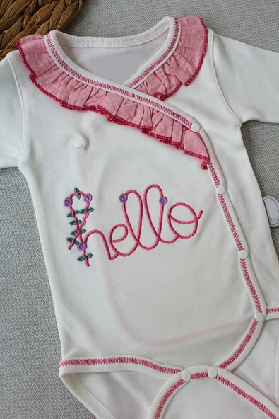 LitaeTrend 3-6 6-9 9-12 Ay Hello Nakışlı Kruvaze Bandanalı Uzun Kollu Zıbınlı 3lü Kız Bebek Takımı Pembe - Resim 2