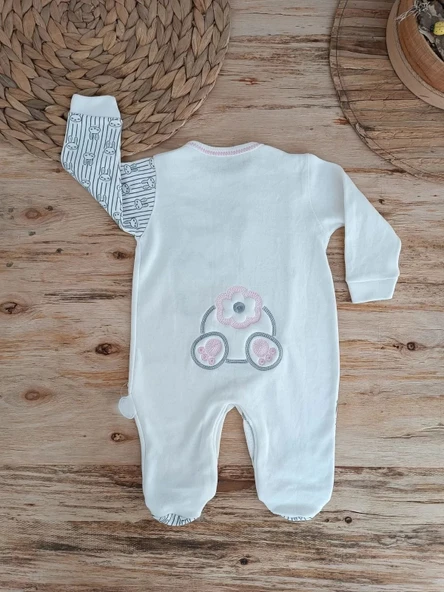 LitaeTrend 0-3 3-6 Ay Minik Tavşan Nakışlı Boydan Çıtçıt Kapamalı Kız Erkek Bebek Tulumu Ekru - Resim 6