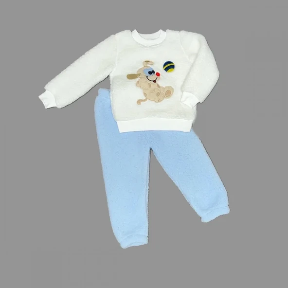 LitaeTrend 1-2-3 Yaş Toplu Köpek Nakışlı Kuzu Kumaş Sweat Pantolonlu Uzun Kollu Kız Erkek Bebek Takımı Mavi ürün görseli 1