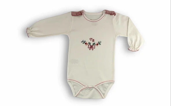 LitaeTrend 3-6 6-9 9-12 Ay Tb Çiçek Nakışlı Bandanalı Uzun Kollu Zıbınlı 3lü Kız Bebek Takımı Ekru - Resim 2