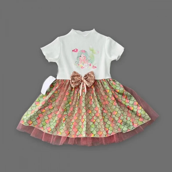 LitaeTrend 1-2-3 Yaş Denizkızı Baskılı Pul Desen Etekli Kız Bebek Elbisesi Ekru - Resim 2