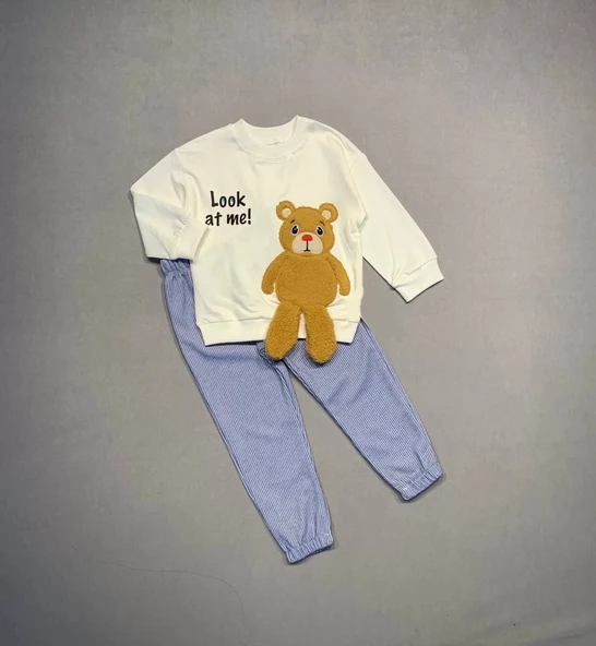 LitaeTrend 2-3-4 Yaş Ayıcık Sallanan Ayak Desenli Likra Penye Kumaş Sweat Pantolonlu Kız Erkek 2li Çocuk Takımı Ekru - Resim 2