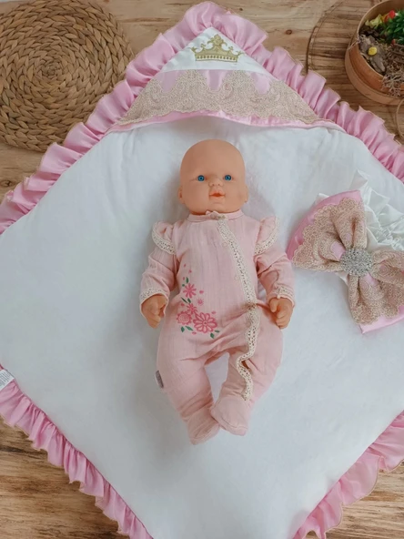 LitaeTrend Yenidoğan Grand Lüks Kelebek Ağır Güpür İşlemeli Şapkalı Bebek Battaniyesi Kundak Pembe - Resim 4