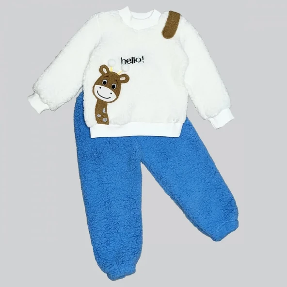 LitaeTrend 1-2-3 Yaş Hello Zürafa Nakışlı Kuzu Kumaş Sweat Pantolon Uzun Kollu Kız Erkek 2 Li Takımı Saks Mavisi ürün görseli