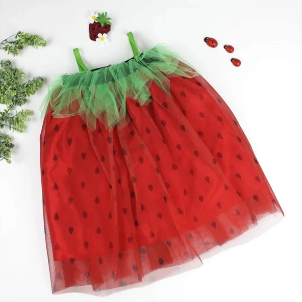 LitaeTrend 2-3-4 Yaş Askılı Çilek Kostüm Kız Çocuk Elbise Kırmızı - Resim 3