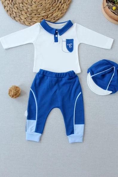 LitaeTrend 3-6 6-9 9-12 Ay Efendi Nakışlı Cep Şapkalı Uzun Kollu Sweat 3lü Erkek Bebek Takımı İndigo ürün görseli