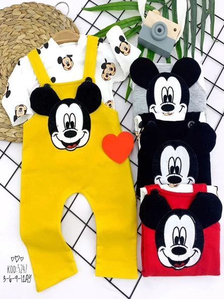 LitaeTrend 3-6-9-12 Ay Mickey Figürlü Uzun Kollu Baskılı Sweatli 2li Kız Erkek Bebek Salopet Takımı Gri ürün görseli 1