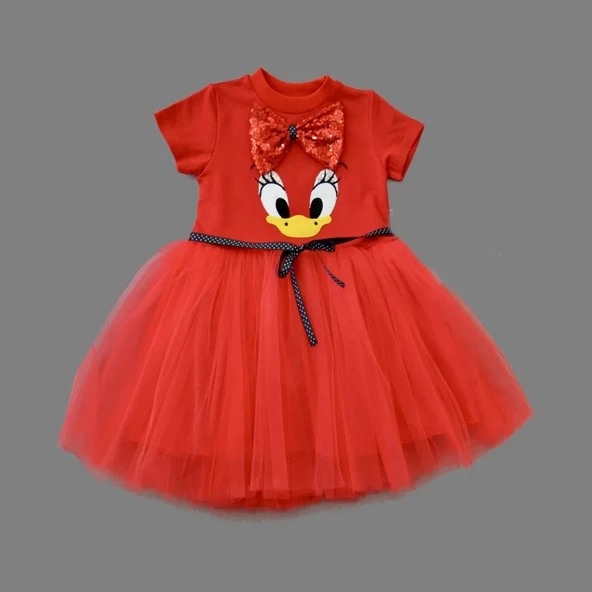 LitaeTrend 1-2-3 Yaş Payet Fiyonk Tokalı Ördek Nakışlı Astarlı Kız Bebek Tütü Elbisesi Kırmızı ürün görseli 1