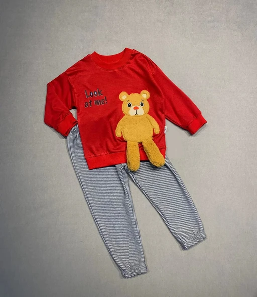 LitaeTrend 2-3-4 Yaş Ayıcık Sallanan Ayak Desenli Likra Penye Kumaş Sweat Pantolonlu Kız Erkek 2li Çocuk Takımı Kırmızı ürün görseli 1