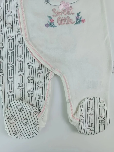 LitaeTrend 0-3 3-6 Ay Minik Tavşan Nakışlı Boydan Çıtçıt Kapamalı Kız Erkek Bebek Tulumu Ekru - Resim 5