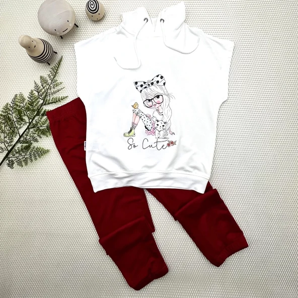 LitaeTrend 3-4-5 Yaş Kapşonlu Sevimli Kız Baskılı Kısa Kolu 2li Kız Erkek Çocuk Takımı Kırmızı ürün görseli 1