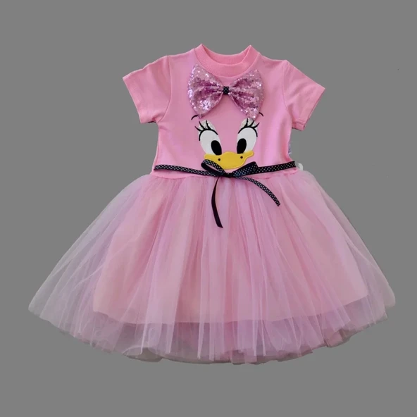 LitaeTrend 1-2-3 Yaş Payet Fiyonk Tokalı Ördek Nakışlı Astarlı Kız Bebek Tütü Elbisesi Pembe ürün görseli 1