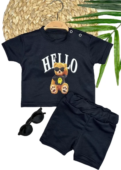 LitaeTrend 9-12-18-24 Ay Hello Gözlüklü Ayıcık Baskılı Şortlu Kısa Kollu Tişört 2li Erkek Bebek Takımı ürün görseli 1
