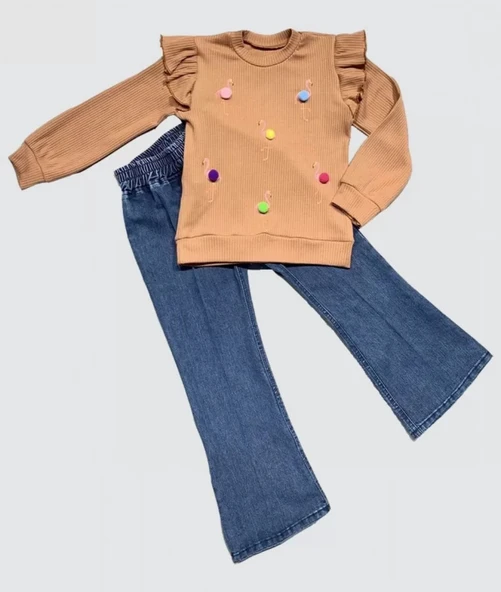 LitaeTrend 4-5-6 Yaş Kot Pantolonlu Flamingo Desenli Penye Sweat Uzun Kollu 2li Kız Çocuk Takımı Kahverengi ürün görseli 1