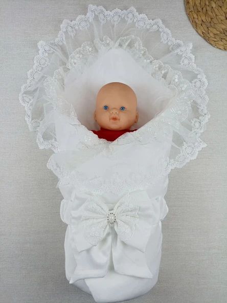 LitaeTrend Yenidoğan İpek Pamuklu İnci Lüks Kundak Bebek Battaniyesi Ekru - Resim 2