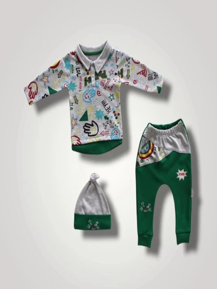 LitaeTrend 6-9 12-18 18-24 Ay Power Kedi Nakışlı Uzun Kollu Sweat Şapkalı 3lü Kız Erkek Bebek Takımı Yeşil ürün görseli 1