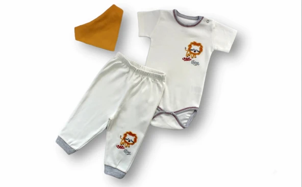 LitaeTrend 3-6 6-9 9-12 Ay Yavru Aslan Nakışlı Bandajlı Kısa Kollu Zıbınlı 3lü Erkek Bebek Takımı Ekru ürün görseli 1