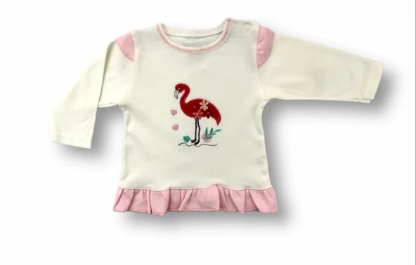 LitaeTrend 3-6 6-9 9-12 Ay Flamingo Nakışlı Uzun Kollu Sweatli 2li Kız Bebek Takımı Ekru - Resim 2
