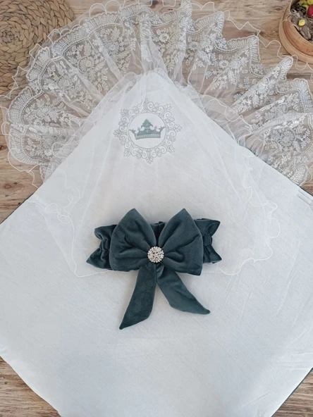 LitaeTrend Yenidoğan Saray Kadife Taç Nakışlı İnci Fiyonklu Dantel Duvak Trilüks Kundak Bebek Battaniye Yeşil - Resim 4