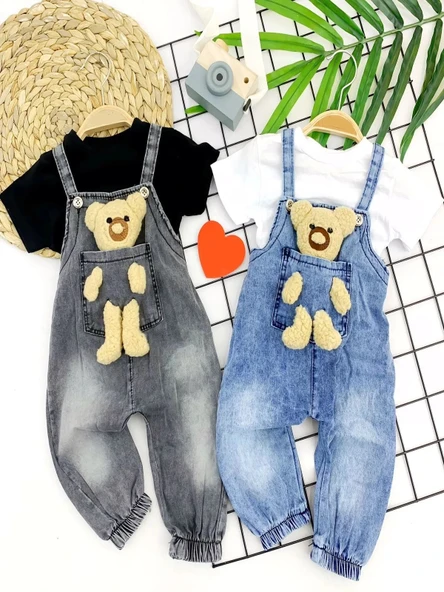 LitaeTrend 9-12-18-24 Ay Ayıcıklı Cep Kot Kumaş Tişörtlü 2li Kız Erkek Bebek Salopet Takımı Mavi ürün görseli 1