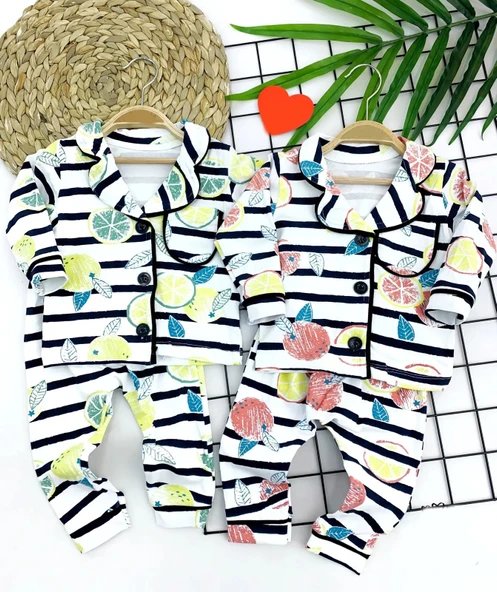 LitaeTrend 9-12-18-24 Ay Çizgili Meyve Desenli Düğme Kapamalı 2li Kız Erkek Bebek Pijama Takımı Sarı ürün görseli 1