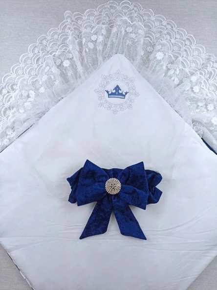 LitaeTrend Yenidoğan Saray Kadife Taç Nakışlı İnci Fiyonklu Çift Dantel Duvak Trilüks Kundak Bebek Battaniyesi Lacivert - Resim 3