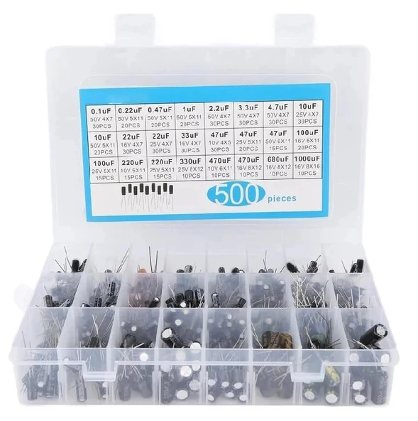 Elektrolitik Kondansatör Seti Kutuplu 500 Adet 24 Farklı Değerde - Kutulu - Resim 4