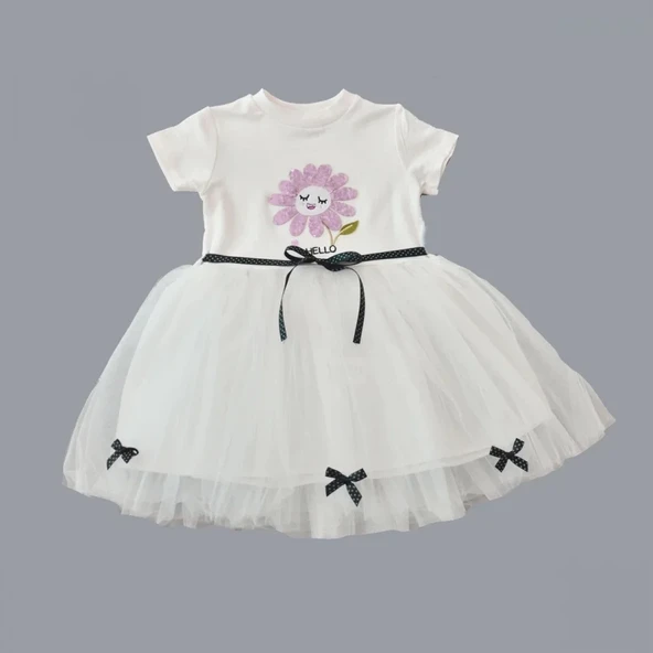 LitaeTrend 1-2-3 Yaş Payet Yapraklı Çiçek Nakışlı Astarlı Kız Bebek Tütü Elbisesi Beyaz - Resim 2