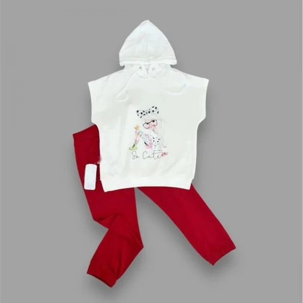 LitaeTrend 3-4-5 Yaş Kapşonlu Sevimli Kız Baskılı Kısa Kolu 2li Kız Erkek Çocuk Takımı Kırmızı - Resim 2