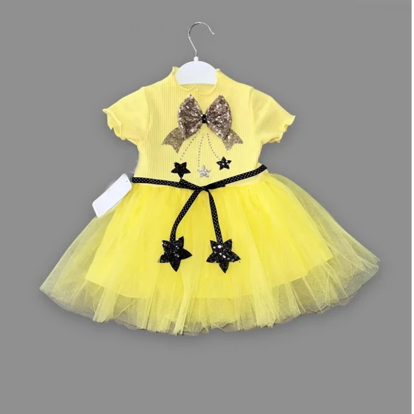 LitaeTrend 1-2-3 Yaş Payetli Yıldız Nakışlı Astarlı Etek Kız Bebek Tütü Elbisesi Sarı ürün görseli 1
