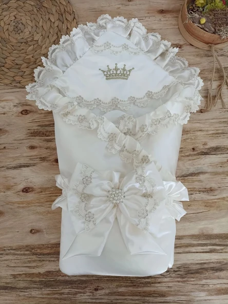 LitaeTrend Yenidoğan Harika Kelebek Nakışlı Trilüks Kundak Bebek Battaniyesi Ekru ürün görseli 1