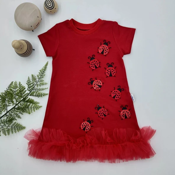 LitaeTrend 1-2-3 Yaş Uğur Böceği Nakışlı Fırfır Uçlu Kız Çocuk Jile Elbisesi Kırmızı ürün görseli 1