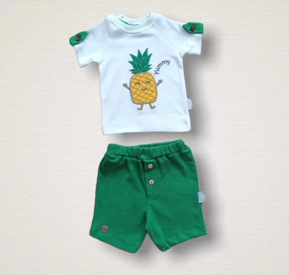 LitaeTrend 6-9 9-12 12-18 Ay Ananas Nakışlı Kısa Kollu Sweatli Şortlu 2li Kız-erkek Bebek Takımı Yeşil ürün görseli 1