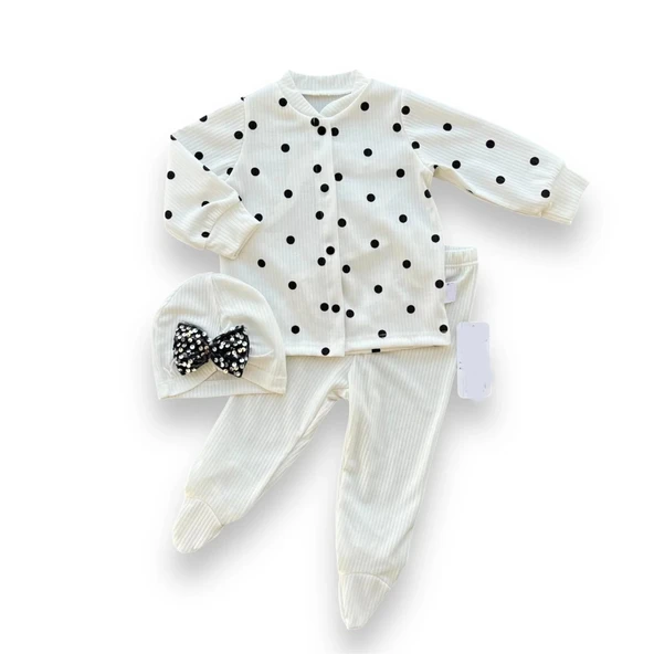 LitaeTrend 3-6-9-12 Ay Puantiyeli Şapkalı Çıtçıt Kapamalı Patikli 3lü Kız Bebek Takımı Beyaz ürün görseli 1