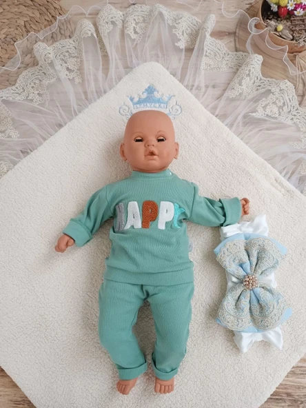 LitaeTrend Yenidoğan Kuzulu Taç Nakış Güpürlü Fiyonklu Duvaklı Prizma Taş Unisex Kundak Bebek Battaniyesi Mavi - Resim 3