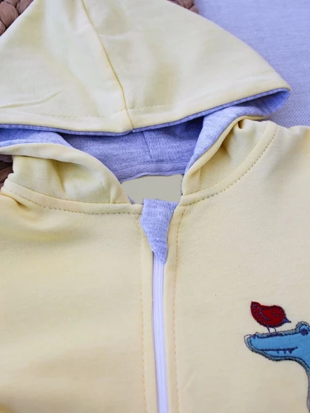 LitaeTrend 6-9 9-12 Ay Ef Çizgi Boy Fermuarlı Hayvanlar Alemi Nakışlı Kapşonlu Kız Erkek Bebek Tulumu Sarı - Resim 3