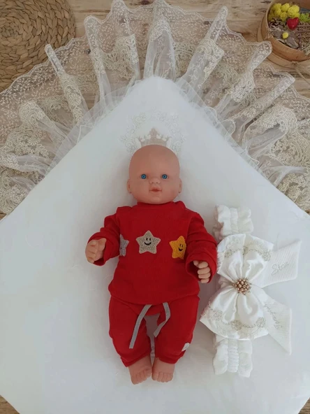 LitaeTrend Yenidoğan Sahra Taç Nakışlı Plazma Taşlı Güpürlü Fiyonklu Duvaklı Trilüks Kundak Bebek Battaniyesi Sütlü Kahv - Resim 2