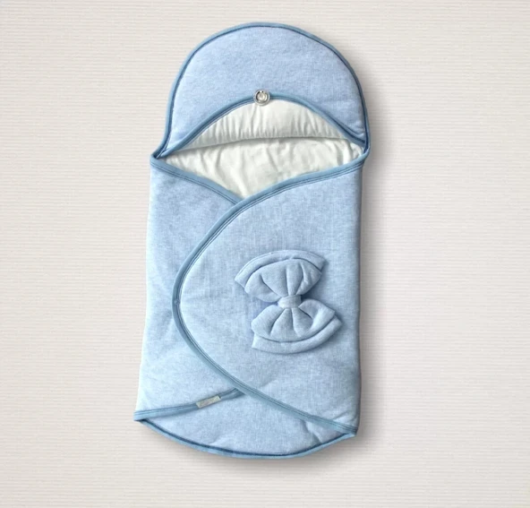 LitaeTrend Yenidoğan Düğme Detaylı Çizgi Efektli Çift Fiyonk Klasik Kundak Bebek Battaniyesi Mavi ürün görseli 1