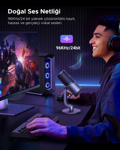 UGREEN Mikrofon 24bit/96kHz Işıklı USB Ses Kontrolü, Yayın, Oyun, Kayıt, PS5 Kondenser Mikrofon, 35629 - Resim 2