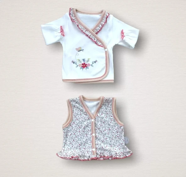 LitaeTrend Erguvan Taç Nakışlı  Kız Bebek 10lu Zıbın Takımı Hastane Çıkışı Nar Çiçeği - Resim 4