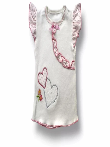 LitaeTrend 3-6 6-9 9-12 12-18 Ay Çift Kalp Nakışlı Şort Tişört 3lü Kız Bebek Takımı Ekru - Resim 2