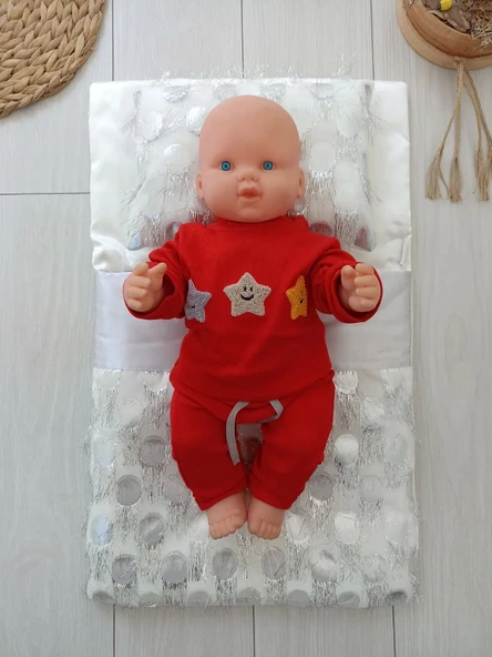 LitaeTrend Yenidoğan İzmir İncisi Tül İşlemeli Pamuklu Fiyonklu Kundaklı Lüks 3lü Alt Açma Seti Gümüş - Resim 4