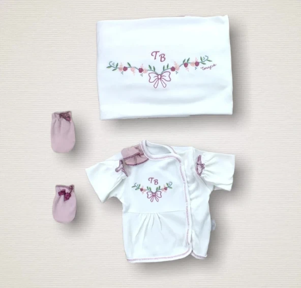 LitaeTrend Bahar Çiçekleri Nakışlı  10lu Zıbın Takımı Hastane Çıkışı Gül Kurusu - Resim 2