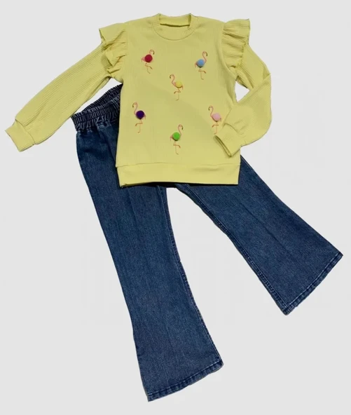 LitaeTrend 4-5-6 Yaş Kot Pantolonlu Flamingo Desenli Penye Sweat Uzun Kollu 2li Kız Çocuk Takımı Sarı ürün görseli 1