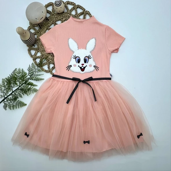 LitaeTrend 5-6-7 Yaş Payetli Tavşan Baskılı Kız Çocuk Elbisesi Pudra ürün görseli 1